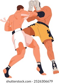 Muay Thai Clinch Fighting. Two Muay Thai fighters engaged in a clinch, showcasing a traditional grappling technique