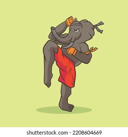 Muay Thai Elephant Cartoon Mascot Funny Vector Smile Fun Fight Pose