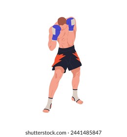 Muay thai fighter in defending pose. Tai boxing athlete in defense stance, position. Wrestler in gloves, standing in posture, covering head. Flat vector illustration isolated on white background