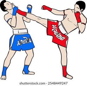 Muay thai fighter delivering teep (push kick). Two men fighting wearing traditional shorts. Hand drawn modern Vector illustration. Logo, print, poster template