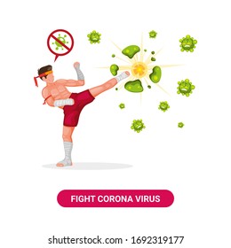 Muay Thai Fighter destroy Corona Virus, fight corona campaign with Traditional Martial Art from Thailand cartoon flat illustration vector isolated in white background