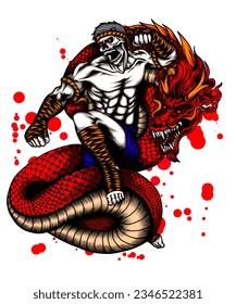 muay thai fighter and dragon illustration design