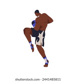 Muay thai fighter in fight pose. Tai boxing, professional athlete, black man in attacking stance, posture. African-American wrestler. Flat graphic vector illustration isolated on white background
