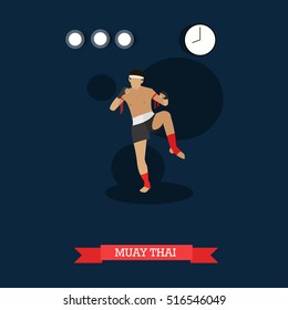 Muay Thai fighter kicking. Thai boxing training. National martial art from Thailand. Vector illustration in flat design