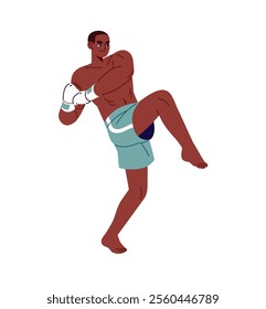 Muay Thai fighter kicks, punches. Boxer of Chinese martial art training. Sportsman is kickboxing, MMA. Strong athlete boxing in competition. Flat isolated vector illustration on white background