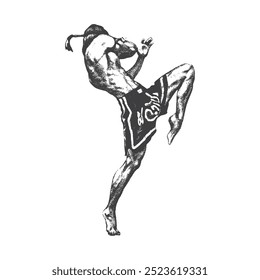 Muay Thai fighter in mid-air, executing a powerful high kick with their right leg. Retro photocopy effect.