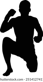 Muay thai fighter silhouette illustration. Traditional muay thai pose full body.