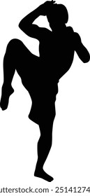 Muay thai fighter silhouette illustration. Traditional muay thai pose full body.