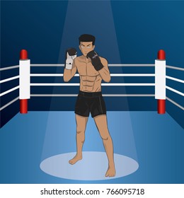 Muay Thai fighter  stand on the Boxing Stadium cartoon vector