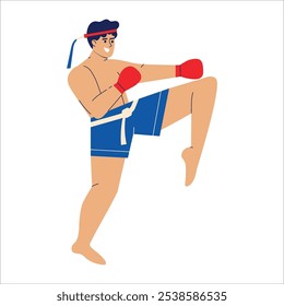 Muay thai fighter in traditional headband. Man exercising kickboxing. Thailand martial arts character in common boxing stance flat illustration..