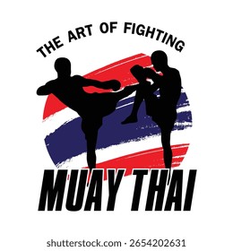 Muay Thai fighters in action silhouette with Thai flag brushstroke background and bold text. Martial arts vector illustration.