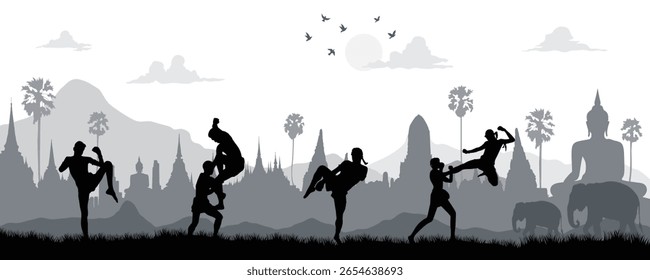 Muay Thai fighters in action silhouette with traditional Thai temple, Buddha statue, and elephants in scenic background.