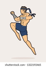 Muay Thai fighting , Thai boxing jumping to attack cartoon graphic vector 