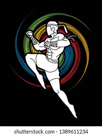 Muay Thai fighting , Thai boxing jumping to attack cartoon graphic vector 