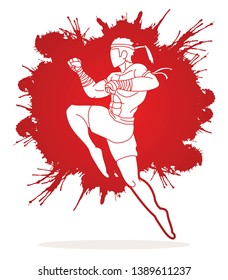 Muay Thai fighting , Thai boxing jumping to attack cartoon graphic vector 