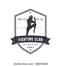 Muay Thai Fighting Club vintage emblem, logo, t-shirt design on shield, with grunge texture, vector illustration, eps10, easy to edit