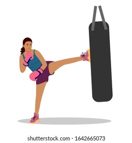 Muay Thai flat illustration. Sport girl exercise Muay Thai training with kneeling boxing sandbag. Design vector flat illustration