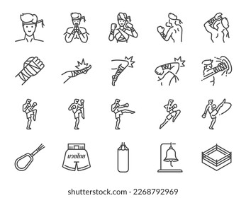 Muay Thai icon set. Included the icons as Thai boxing, boxer, fighter, Muay Thai stance, kick, and more.