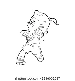 Muay Thai kick boxing, Thai boxing cute kid fighting action cartoon doodle vector illustration on white background 