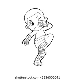 Muay Thai kick boxing, Thai boxing cute kid fighting action cartoon doodle vector illustration on white background 