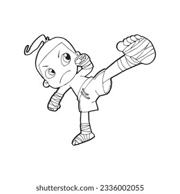 Muay Thai kick boxing, Thai boxing cute kid fighting action cartoon doodle vector illustration on white background 