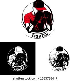 Muay Thai Kickboxing MMA sportsman logo. Fighter in boxing gloves and a hat.
