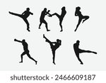 Muay Thai, kickboxing vector silhouettes set on white background. Different action, pose. Martial arts, sport. Graphic illustration.