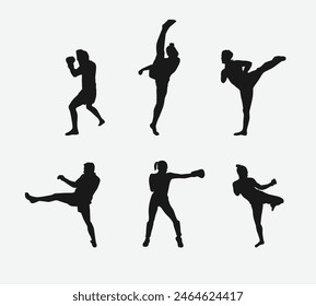 Muay Thai, kickboxing vector silhouettes set on white background. Different action, pose. Martial arts, sport. Graphic illustration.