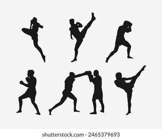 Muay Thai, kickboxing vector silhouettes set on white background. Different action, pose. Martial arts, sport. Graphic illustration.