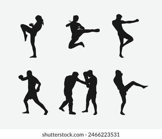 Muay Thai, kickboxing vector silhouettes set on white background. Different action, pose. Martial arts, sport. Graphic illustration.