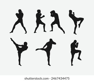 Muay Thai, kickboxing vector silhouettes set on white background. Different action, pose. Martial arts, sport. Graphic illustration.