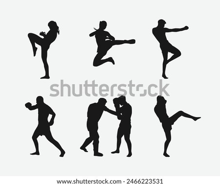 Muay Thai, kickboxing vector silhouettes set on white background. Different action, pose. Martial arts, sport. Graphic illustration.
