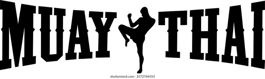 Muay Thai Logo in English (with fighter icon ). a style commonly seen on Thai boxing outfit. silhoutte,