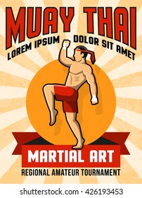 Muay Thai Martial Art Poster With Fighter In Center In Yellow And Red Colors Vector Illustration