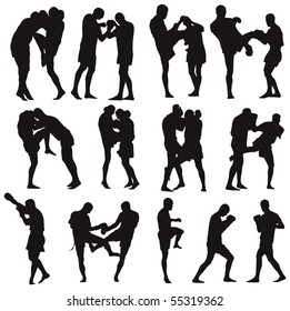 Muay Thai martial art vector illustration collection. Over twenty fight poses.