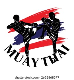 Muay Thai martial artists in action pose, silhouette style with Thai flag brush strokes, perfect for combat sport or cultural design themes.