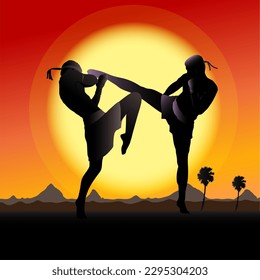Muay Thai martial arts silhouette vector illustration.