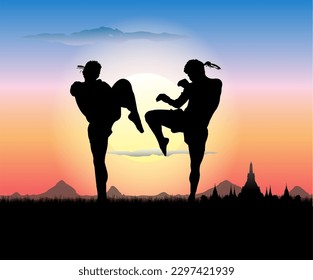Muay Thai martial arts silhouette vector illustration.