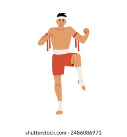 El Muay Thai es un arte marcial tradicional, un personaje de Vector con una postura tradicional, lo que demuestra los movimientos dinámicos de este deporte. Ilustración en estilo plano sobre fondo aislado.