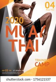 Muay Thai training camp poster design with geometric frame, realistic 3d illustration man doing flying knee