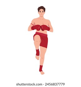 Muay thai, Young man exercising thai boxing with pose. Flat vector illustration isolated on white background