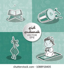 mubarak greeting card with cartoon illustration, set vector and pattern background 