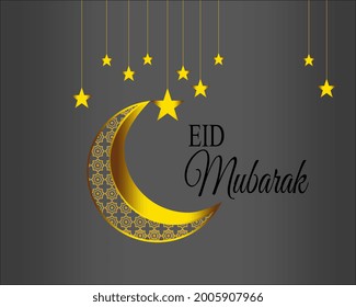 Eıd mubarak islamic greeting card on the dark gray background. Yellow decorative moon with stars. Vector İllustration.