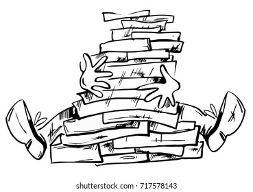 Too much documents or books in the man hands hand drawn illustration isolated. Hands and legs of the man appear from a big pile of books or documents   
