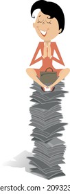 Too much documents or books and woman concept illustration. 
Smiling young woman with eyes closed prays or meditates sitting as yoga on the high pile of papers or books isolated on white
