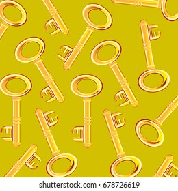 Much golden keys from lock on light background