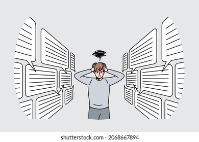 Too much information and communication concept. Young stressed man cartoon character standing touching head with many speech bubbles on each sides vector illustration 