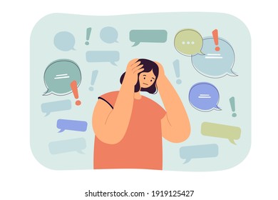 Too Much Information Or Spam Concept. Sad Social Media Internet User Holding Head, Trying To Stop Hoax Fake News, Disinformation Noise. Flat Vector Illustration