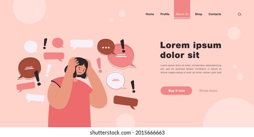 Too Much Information Or Spam Concept. Sad Social Media Internet User Holding Head, Trying To Stop Hoax Fake News, Disinformation Noise. Flat Vector Illustration