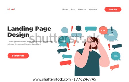 Too much information or spam concept. Sad social media internet user holding head, trying to stop hoax fake news, disinformation noise. Flat vector illustration
